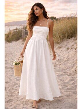 Reformation Ivory Cotton Ruched Smocked Bodice Midi Dress Size 8 New With Tags